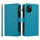 For Umidigi Power 7 / Power 7S Magnetic Closure 9 Card Slots Zipper Leather Case with Hand Strap(Turquoise) - 2
