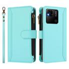 For Redmi 10A / 9C Magnetic Closure 9 Card Slots Zipper Leather Case with Hand Strap(Mint Green) - 2