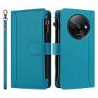 For Redmi A3 / A3x / Poco C61 Magnetic Closure Nine Card Slots Zipper Leather Case with Hand Strap(Turquoise) - 2