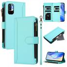 For Redmi Note 10 5G / Note 10T 5G Magnetic Closure 9 Card Slots Zipper Leather Case with Hand Strap(Mint Green) - 1