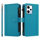 For Redmi Note 12 Pro+ / Note 12 Explorer Magnetic Closure 9 Card Slots Zipper Leather Case with Hand Strap(Turquoise) - 2