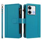 For Redmi Note 13 5G Magnetic Closure 9 Card Slots Zipper Leather Case with Hand Strap(Turquoise) - 2