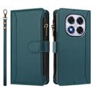 For Redmi Note 14 Pro 5G Magnetic Closure 9 Card Slots Zipper Leather Case with Hand Strap(Dark Green) - 2