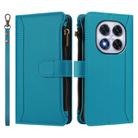 For Redmi Note 14 Pro 5G Magnetic Closure 9 Card Slots Zipper Leather Case with Hand Strap(Turquoise) - 2