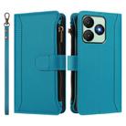For Wiko T20 Magnetic Closure 9 Card Slots Zipper Leather Case with Hand Strap(Turquoise) - 2