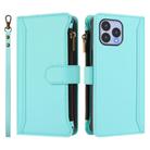 For Wiko T60 / Cubot P80 Magnetic Closure 9 Card Slots Zipper Leather Case with Hand Strap(Mint Green) - 2