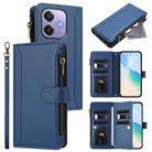 For OPPO A3 4G Global / A60 5G Global Magnetic Closure 9 Card Slots Zipper Leather Case with Hand Strap(Dark Blue) - 1