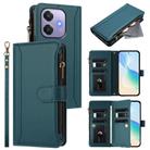 For OPPO A3 4G Global / A60 5G Global Magnetic Closure 9 Card Slots Zipper Leather Case with Hand Strap(Dark Green) - 1