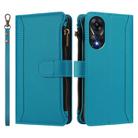 For OPPO A78 4G Global Magnetic Closure 9 Card Slots Zipper Leather Case with Hand Strap(Turquoise) - 2