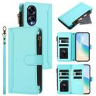 For OPPO A98 5G / F23 5G India Magnetic Closure 9 Card Slots Zipper Leather Case with Hand Strap(Mint Green) - 1