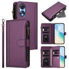 For OPPO A78 5G Global / A1X 5G Magnetic Closure 9 Card Slots Zipper Leather Case with Hand Strap(Purple) - 1