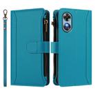 For OPPO A17 4G Global / A17K Magnetic Closure 9 Card Slots Zipper Leather Case with Hand Strap(Turquoise) - 2