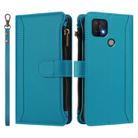 For OPPO A16E / A16K / A35 2021 / A15S Magnetic Closure 9 Card Slots Zipper Leather Case with Hand Strap(Turquoise) - 2