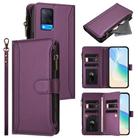 For OPPO A56 5G / A55 5G / A54 4G Magnetic Closure 9 Card Slots Zipper Leather Case with Hand Strap(Purple) - 1