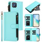 For OPPO A92S 5G Magnetic Closure 9 Card Slots Zipper Leather Case with Hand Strap(Mint Green) - 1
