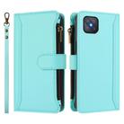 For OPPO A92S 5G Magnetic Closure 9 Card Slots Zipper Leather Case with Hand Strap(Mint Green) - 2