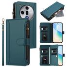 For OPPO Find X7 Magnetic Closure 9 Card Slots Zipper Leather Case with Hand Strap(Dark Green) - 1