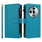 For OPPO Find X7 Magnetic Closure 9 Card Slots Zipper Leather Case with Hand Strap(Turquoise) - 2