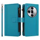 For OPPO Find X7 Ultra Magnetic Closure 9 Card Slots Zipper Leather Case with Hand Strap(Turquoise) - 2