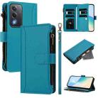 For OPPO A5 5G Global Magnetic Closure 9 Card Slots Zipper Leather Case with Hand Strap(Turquoise) - 1