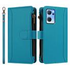 For OPPO Reno7 5G Global / Find X5 Lite Magnetic Closure 9 Card Slots Zipper Leather Case with Hand Strap(Turquoise) - 2