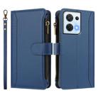 For OPPO Reno8 5G Global Magnetic Closure 9 Card Slots Zipper Leather Case with Hand Strap(Dark Blue) - 2