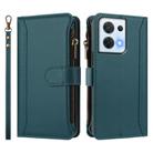 For OPPO Reno8 5G Global Magnetic Closure 9 Card Slots Zipper Leather Case with Hand Strap(Dark Green) - 2