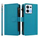 For OPPO Reno8 5G Global Magnetic Closure 9 Card Slots Zipper Leather Case with Hand Strap(Turquoise) - 2