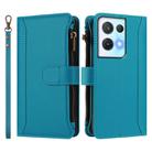 For OPPO Reno8 Pro 5G Magnetic Closure 9 Card Slots Zipper Leather Case with Hand Strap(Turquoise) - 2