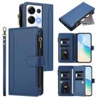 For OPPO Reno8 Pro+ 5G Magnetic Closure 9 Card Slots Zipper Leather Case with Hand Strap(Dark Blue) - 1
