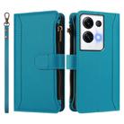For OPPO Reno8 Pro+ 5G Magnetic Closure 9 Card Slots Zipper Leather Case with Hand Strap(Turquoise) - 2