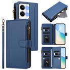 For OPPO Reno9 5G / 9 Pro 5G Magnetic Closure 9 Card Slots Zipper Leather Case with Hand Strap(Dark Blue) - 1
