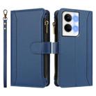 For OPPO Reno9 5G / 9 Pro 5G Magnetic Closure 9 Card Slots Zipper Leather Case with Hand Strap(Dark Blue) - 2