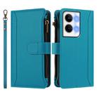 For OPPO Reno9 5G / 9 Pro 5G Magnetic Closure 9 Card Slots Zipper Leather Case with Hand Strap(Turquoise) - 2