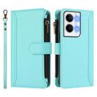 For OPPO Reno9 5G / 9 Pro 5G Magnetic Closure 9 Card Slots Zipper Leather Case with Hand Strap(Mint Green) - 2