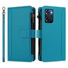 For OPPO Reno9 A Magnetic Closure 9 Card Slots Zipper Leather Case with Hand Strap(Turquoise) - 2