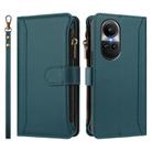 For OPPO Reno10 Global / Reno10 Pro Global Magnetic Closure 9 Card Slots Zipper Leather Case with Hand Strap(Dark Green) - 2