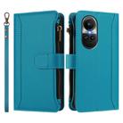 For OPPO Reno10 Global / Reno10 Pro Global Magnetic Closure 9 Card Slots Zipper Leather Case with Hand Strap(Turquoise) - 2