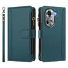 For OPPO Reno11 5G Global Magnetic Closure 9 Card Slots Zipper Leather Case with Hand Strap(Dark Green) - 2