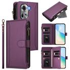 For OPPO Reno11 5G Global Magnetic Closure 9 Card Slots Zipper Leather Case with Hand Strap(Purple) - 1