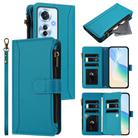 For OPPO Reno11 F 5G Global Magnetic Closure 9 Card Slots Zipper Leather Case with Hand Strap(Turquoise) - 1