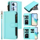 For OPPO Reno11 F 5G Global Magnetic Closure 9 Card Slots Zipper Leather Case with Hand Strap(Mint Green) - 1