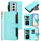 For OPPO Reno12 5G Global Magnetic Closure 9 Card Slots Zipper Leather Case with Hand Strap(Mint Green) - 1