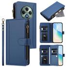 For OPPO Reno12 F 5G Global Magnetic Closure 9 Card Slots Zipper Leather Case with Hand Strap(Dark Blue) - 1