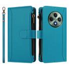 For OPPO Reno12 F 5G Global Magnetic Closure 9 Card Slots Zipper Leather Case with Hand Strap(Turquoise) - 2