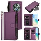 For OPPO Reno12 F 5G Global Magnetic Closure 9 Card Slots Zipper Leather Case with Hand Strap(Purple) - 1
