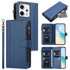 For OPPO Reno14 5G Global Magnetic Closure 9 Card Slots Zipper Leather Case with Hand Strap(Dark Blue) - 1