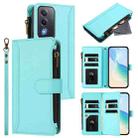 For OPPO A5 5G / A3 Pro 5G Global Magnetic Closure 9 Card Slots Zipper Leather Case with Hand Strap(Mint Green) - 1