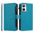 For Realme 10 4G Global Magnetic Closure 9 Card Slots Zipper Leather Case with Hand Strap(Turquoise) - 2