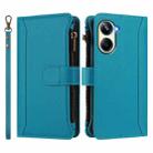 For Realme 10 Pro 5G Magnetic Closure 9 Card Slots Zipper Leather Case with Hand Strap(Turquoise) - 2